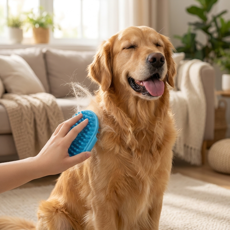 Owner grooming a dog with the rubber brush