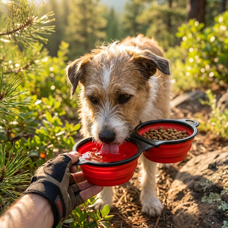Foldable pet bowl used outdoors