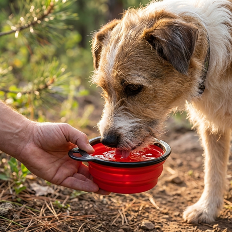 Dog drinking from the foldable travel bowl on a hike