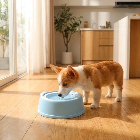 Anti-spill dog water bowl in use
