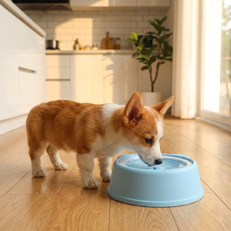 Dog drinking from the floating anti-spill water bowl