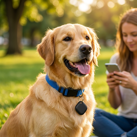 Dog wearing collar with the GPS tracker tag in a park