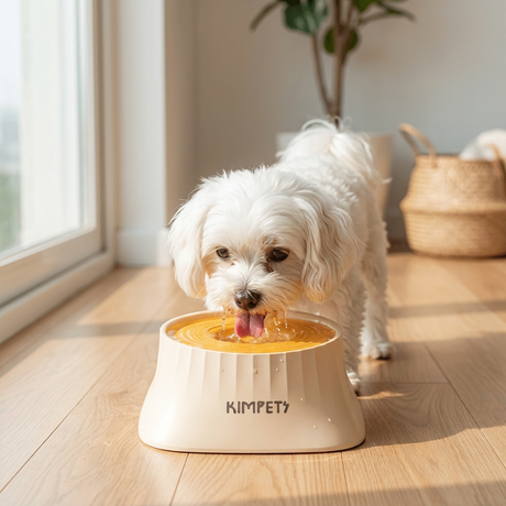 Dog drinking from the SplashGuard water dispenser at home