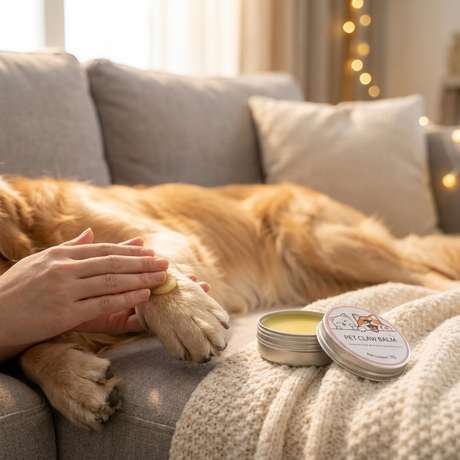 Owner applying paw cream to a dog on a sofa