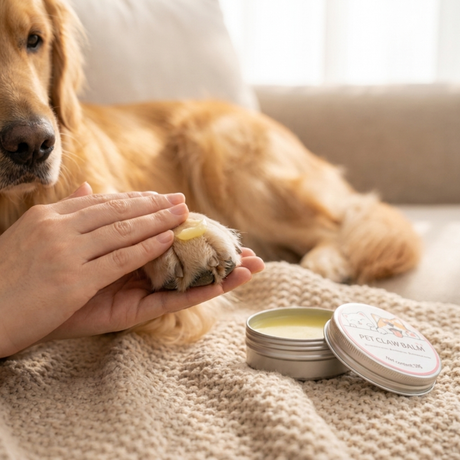 Soothing paw cream used on a calm dog
