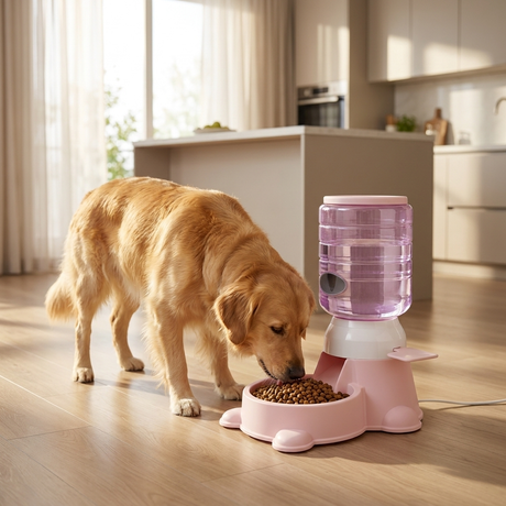 Dog eating from the gravity food dispenser in a kitchen
