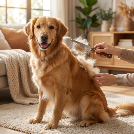 Owner using the deshedding comb on a dog