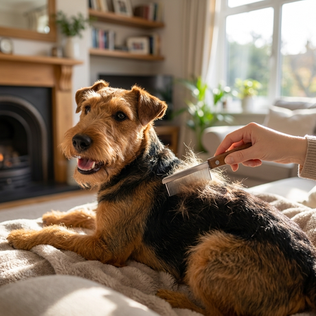 Dog being groomed with deshedding comb