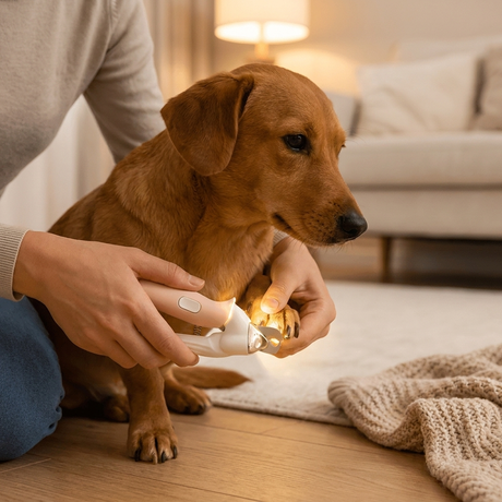 Owner trimming a dog's nails with the lighted clipper