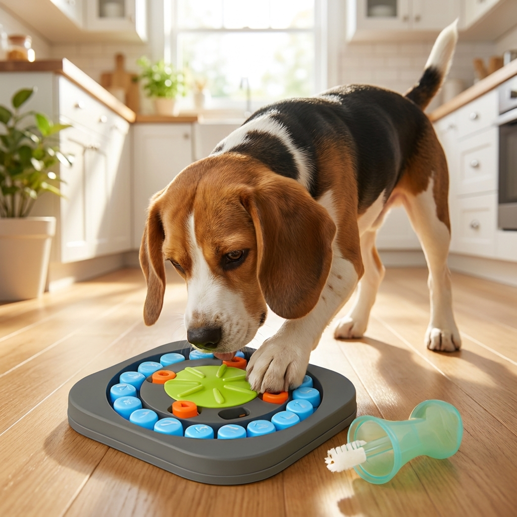 Interactive slow-eating puzzle tray in use