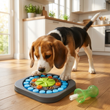 Dog eating from the slow-feeding puzzle tray in a kitchen