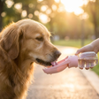 Dog drinking from the portable water dispenser on a walk