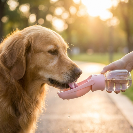 Dog drinking from the portable water dispenser on a walk