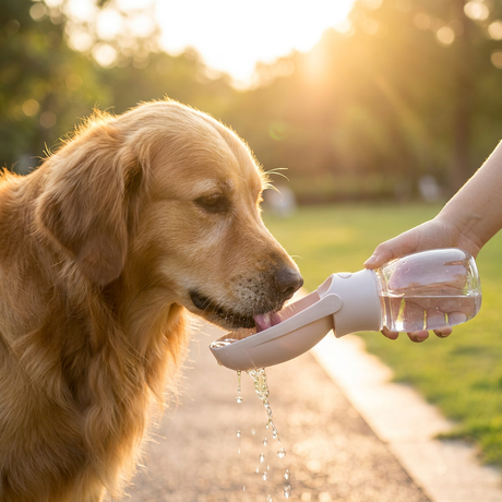 Portable dog water dispenser bottle in use outdoors