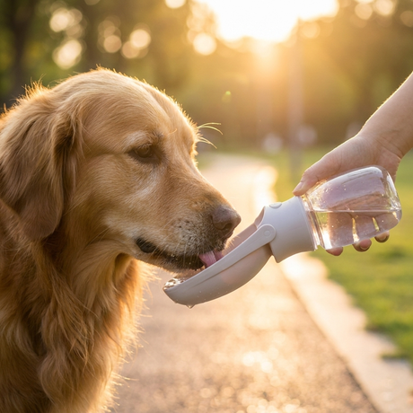 Owner offering water from portable dispenser to a dog
