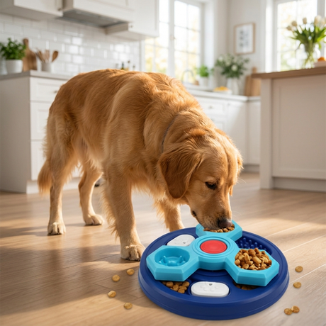 Dog eating from the slow feeder bowl in a kitchen