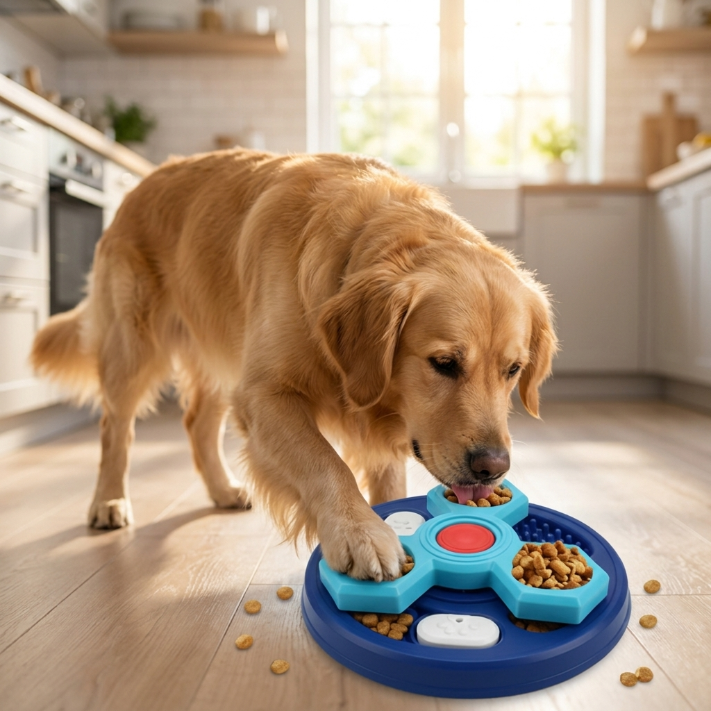 Interactive slow feeder dog bowl in use
