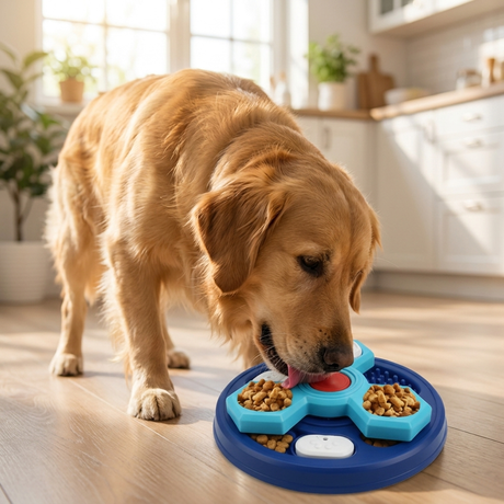 Dog feeding from slow feeder bowl