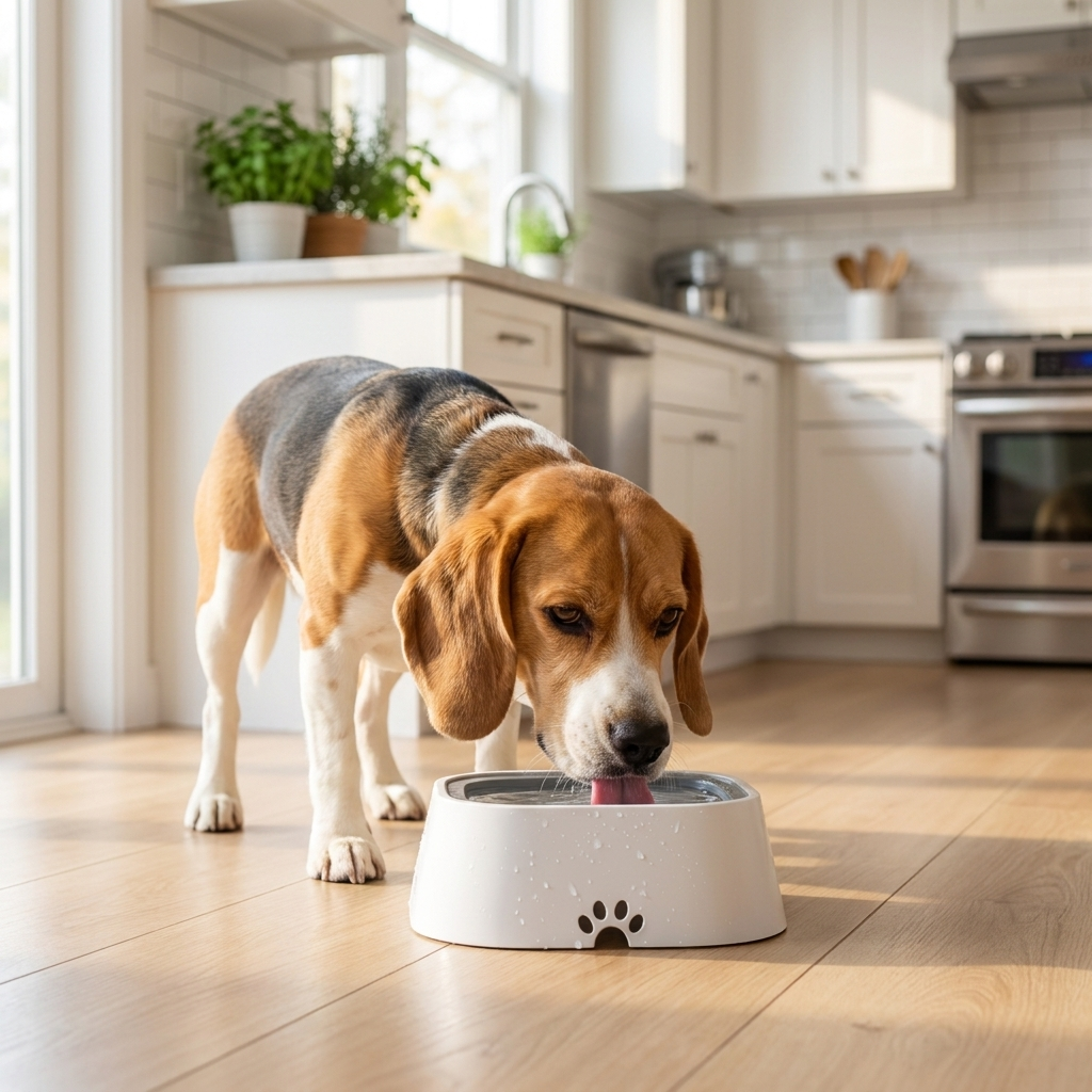 Dog drinking calmly from the anti-spill bowl