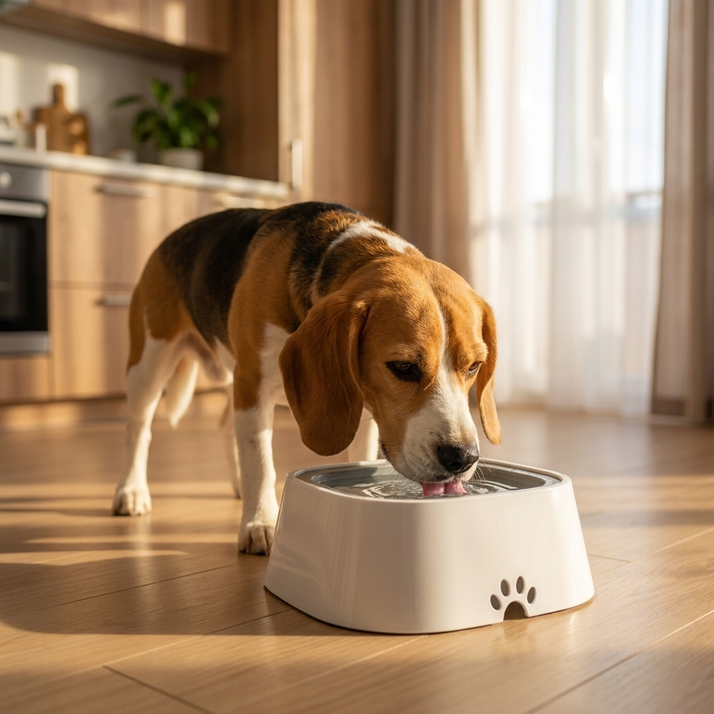 No-spill dog water bowl in use