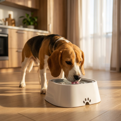 No-spill dog water bowl in use