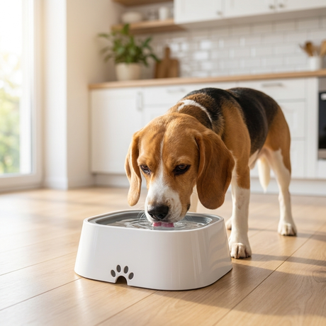 Dog drinking from the no-spill water bowl in a kitchen